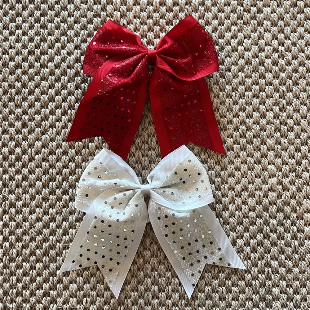 Set of Two red & White Sparkle Cheer Bows
